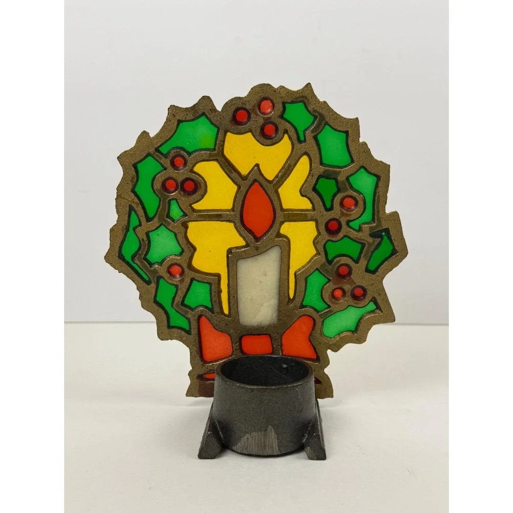Vintage Christmas Wreath Stained Glass Style Cast Metal Votive Candle Holder